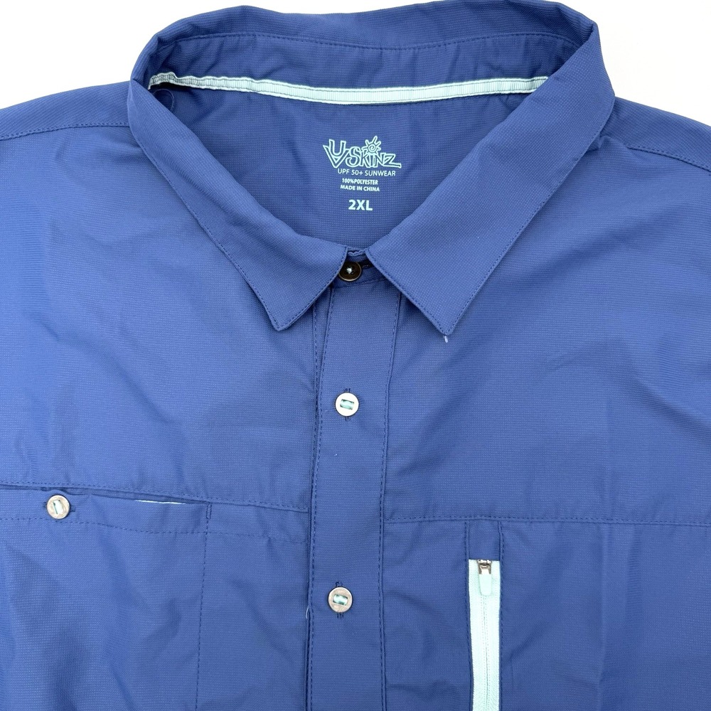 UV Skinz Men's Short Sleeve Solid‎ Blue XXL 2XL Sunwear Fishing Outdoor Button